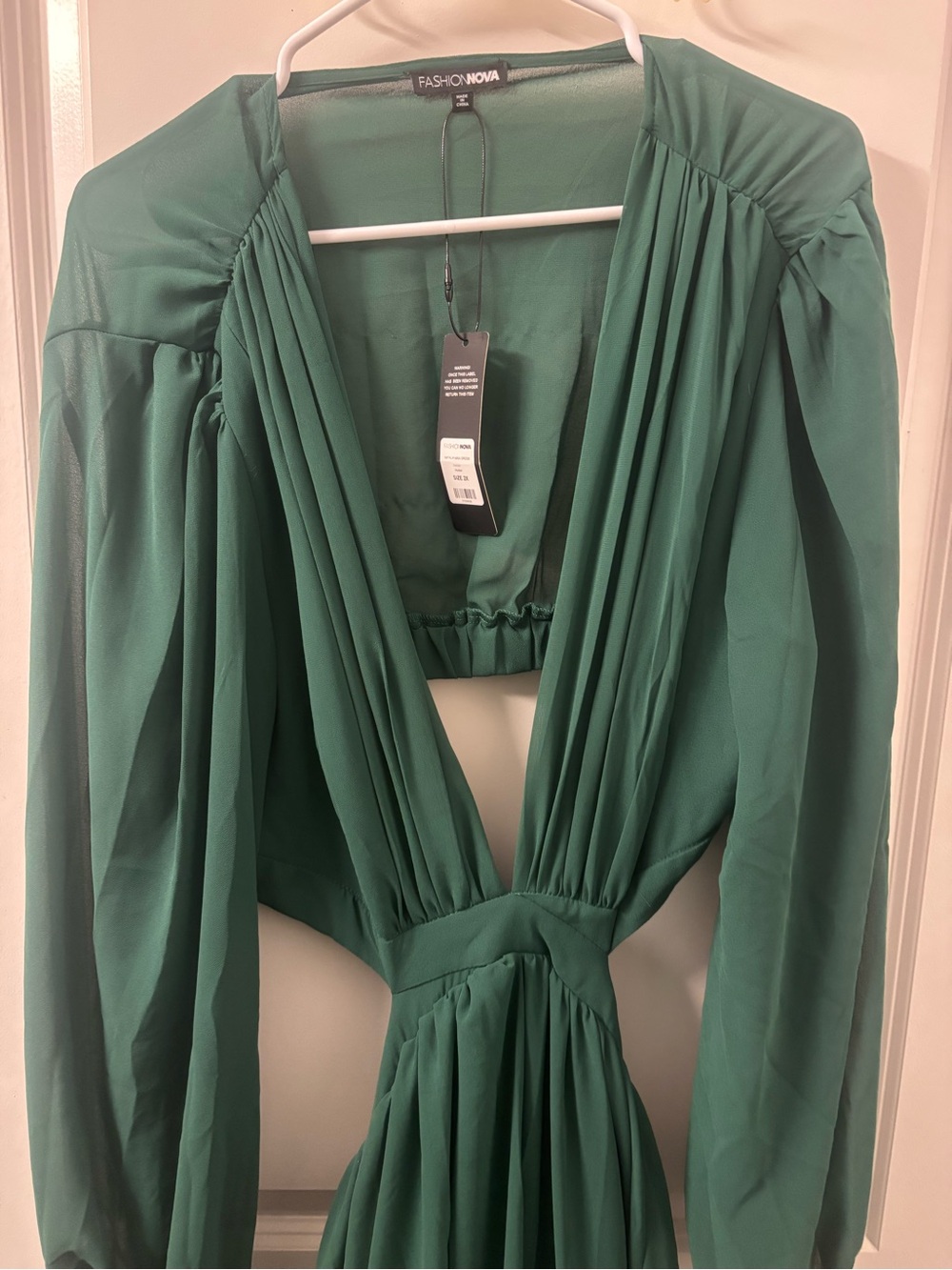 Fashion Nova Emerald Green Long Sleeve Plunge Maxi Dress